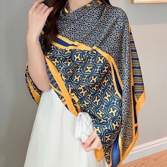 Large Blue and Yellow Silky Satin Scarf- Shimmer and Shawls Boutique Exclusive - Picture 2 of 6